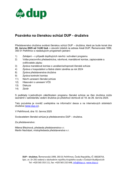 Pozvánka na členskou schůzi DUP - družstva